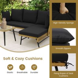 Gymax Outdoor Wicker Sofa Coffee Table Set 3-Piece L-Shaped Patio Sofa Set in Black - thumbnail 5
