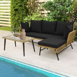 Gymax Outdoor Wicker Sofa Coffee Table Set 3-Piece L-Shaped Patio Sofa Set in Black - thumbnail 7
