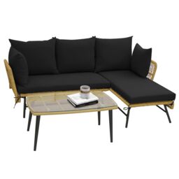 Gymax Outdoor Wicker Sofa Coffee Table Set 3-Piece L-Shaped Patio Sofa Set in Black