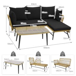 Gymax Outdoor Wicker Sofa Coffee Table Set 3-Piece L-Shaped Patio Sofa Set in Black - thumbnail 2
