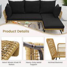 Gymax Outdoor Wicker Sofa Coffee Table Set 3-Piece L-Shaped Patio Sofa Set in Black - thumbnail 3
