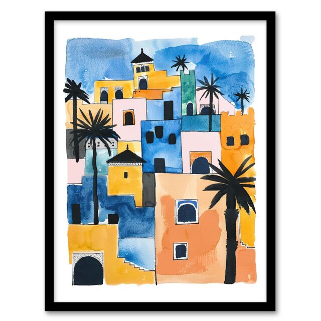 "Artery8 Morocco African Cityscape Blue Orange Watercolour Framed Art Print - Size: W12"" x H16""" - image 1