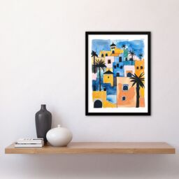 "Artery8 Morocco African Cityscape Blue Orange Watercolour Framed Art Print - Size: W12"" x H16""" - thumbnail 4