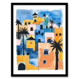 "Artery8 Morocco African Cityscape Blue Orange Watercolour Framed Art Print - Size: W12"" x H16""" - thumbnail 1