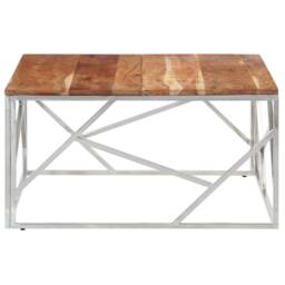 Berkfield Home Coffee Table Silver Stainless Steel & Solid Acacia Wood - thumbnail 4