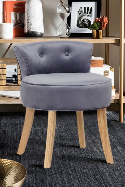 Living and Home Grey Velvet Low Backrest Dressing Stool with Log Color Legs - image 1