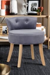 Living and Home Grey Velvet Low Backrest Dressing Stool with Log Color Legs - thumbnail 1
