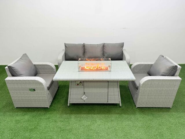 Fimous PE Rattan Garden Furniture Set Reclining Chair Sofa Lounge Sofa Set Firepit Dining Table Light Grey - image 1