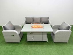 Fimous PE Rattan Garden Furniture Set Reclining Chair Sofa Lounge Sofa Set Firepit Dining Table Light Grey - thumbnail 2