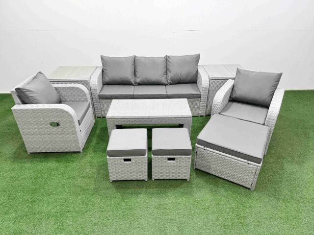 Fimous PE Rattan Garden Furniture Set Reclining Chair Sofa Lounge Sofa Set Rectangular Coffee Table 2 Side Table 3 Stools Light Grey - image 1