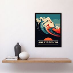 Artery8 Wall Art Print The Seaside Calls Aberystwyth Beach Wales UK Sunset Woman of the Waves Sea Siren Ocean Art Framed in Blue - Size: A4 - thumbnail 4
