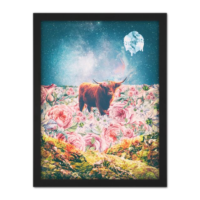 "Artery8 Wall Art Print Scottish Highland Hairy Coo Trippy Psychedelic Landscape Space Large Framed Wall Décor Art in Light Oak - Size: W18"" x H24""" - image 1