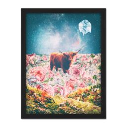 "Artery8 Wall Art Print Scottish Highland Hairy Coo Trippy Psychedelic Landscape Space Large Framed Wall Décor Art in Light Oak - Size: W18"" x H24""" - thumbnail 1