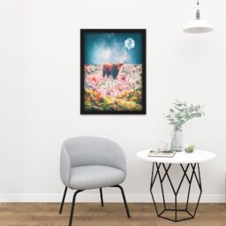 "Artery8 Wall Art Print Scottish Highland Hairy Coo Trippy Psychedelic Landscape Space Large Framed Wall Décor Art in Light Oak - Size: W18"" x H24""" - thumbnail 2