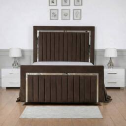 Living Comfort Bedz Chrome Edge Upholstered Slatted Base Bed with 48 Inch Headboard in Brown - Size: Double - thumbnail 2