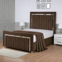 Living Comfort Bedz Chrome Edge Upholstered Slatted Base Bed with 48 Inch Headboard in Brown - Size: Double