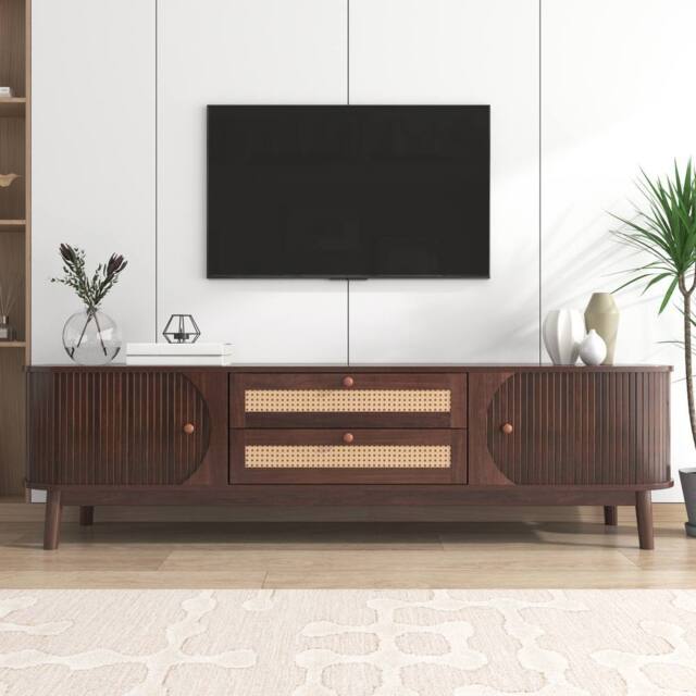 Merax Rattan TV Cabinet with Sliding Doors & Drawers in Walnut - image 1