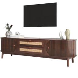 Merax Rattan TV Cabinet with Sliding Doors & Drawers in Walnut - thumbnail 6