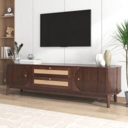 Merax Rattan TV Cabinet with Sliding Doors & Drawers in Walnut - thumbnail 8