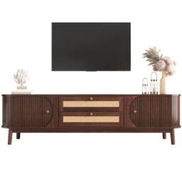 Merax Rattan TV Cabinet with Sliding Doors & Drawers in Walnut - thumbnail 3