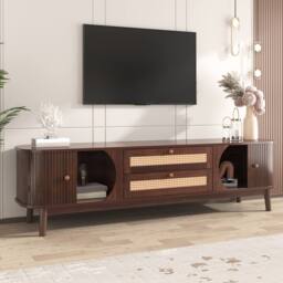 Merax Rattan TV Cabinet with Sliding Doors & Drawers in Walnut - thumbnail 4