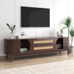 Merax Rattan TV Cabinet with Sliding Doors & Drawers in Walnut - thumbnail 7