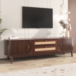 Merax Rattan TV Cabinet with Sliding Doors & Drawers in Walnut - thumbnail 5