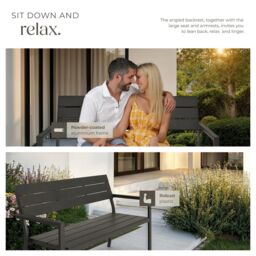 tectake Line 2-Seater Garden Bench with Aluminum Frame, 128x59x88 cm in Dark Grey - Size: 2 Seater - thumbnail 7