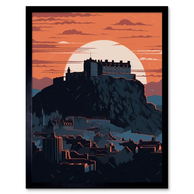 "Artery8 Wall Art Print Edinburgh Castle & Old Town Atmospheric Sunset Art Framed in Black - Size: W12"" x H16""" - image 1