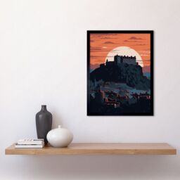 "Artery8 Wall Art Print Edinburgh Castle & Old Town Atmospheric Sunset Art Framed in Black - Size: W12"" x H16""" - thumbnail 2