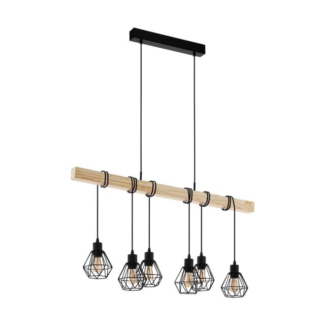 Loops Hanging Ceiling Pendant Light Black Cage & Wood 6x E27 Kitchen Island Lamp - image 1