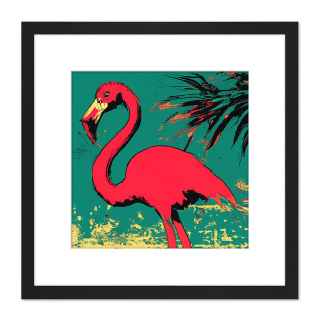 Artery8 Red Teal Oil Painting Flamingo Bird Tropical Square Wooden Framed Wall Art Print Picture 8X8 Inch in Black - image 1