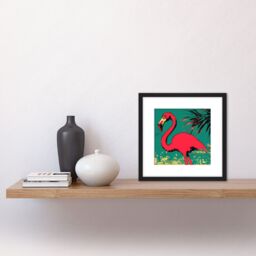 Artery8 Red Teal Oil Painting Flamingo Bird Tropical Square Wooden Framed Wall Art Print Picture 8X8 Inch in Black - thumbnail 2