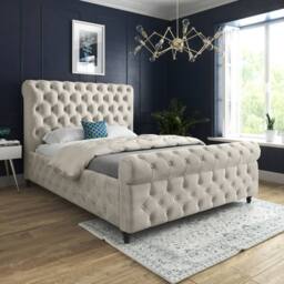 Casani Stenton Sleigh Upholstered Beige Soft Velvet Designer Bed Frame in Cream - Size: Single - thumbnail 2