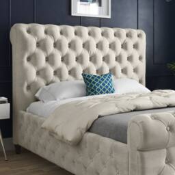 Casani Stenton Sleigh Upholstered Beige Soft Velvet Designer Bed Frame in Cream - Size: Single - thumbnail 6