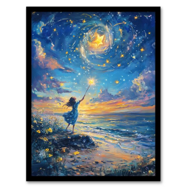 Artery8 Wish Upon A Star Magical Sky Beach Fantasy Art Framed Art Print in Blue - Size: A4 - image 1