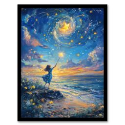 Artery8 Wish Upon A Star Magical Sky Beach Fantasy Art Framed Art Print in Blue - Size: A4 - thumbnail 1
