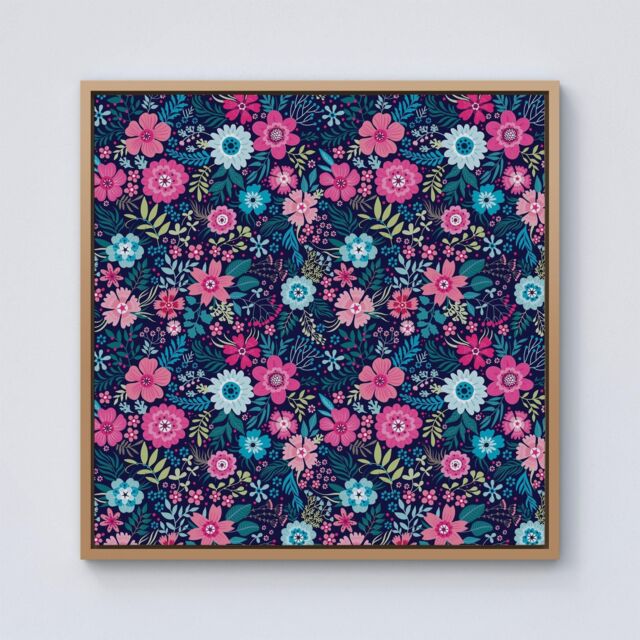 Warren Reed - Designer Cute Colourful Flower Pattern Framed Canvas in Light Brown - Size: w40 inch x h40 inch - image 1