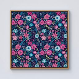 Warren Reed - Designer Cute Colourful Flower Pattern Framed Canvas in Light Brown - Size: w40 inch x h40 inch - thumbnail 1