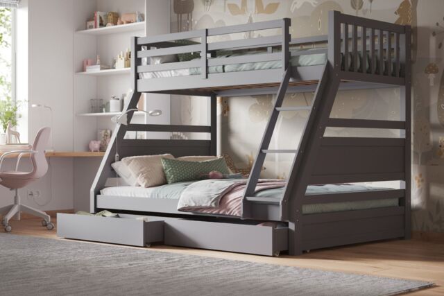 Flair Ollie Wooden Triple Bunk Bed with Drawers in Grey - Size: Single - image 1