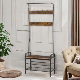 Pirlo Plush Industrial Hall Tree Coat Rack Stand With Shoe Storage Shelves in Brown - thumbnail 3