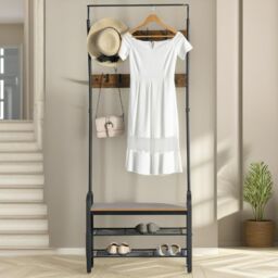 Pirlo Plush Industrial Hall Tree Coat Rack Stand With Shoe Storage Shelves in Brown - thumbnail 4