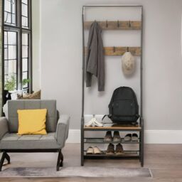 Pirlo Plush Industrial Hall Tree Coat Rack Stand With Shoe Storage Shelves in Brown - thumbnail 2