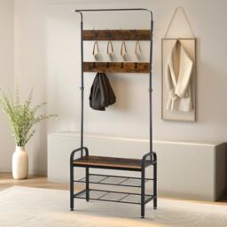 Pirlo Plush Industrial Hall Tree Coat Rack Stand With Shoe Storage Shelves in Brown
