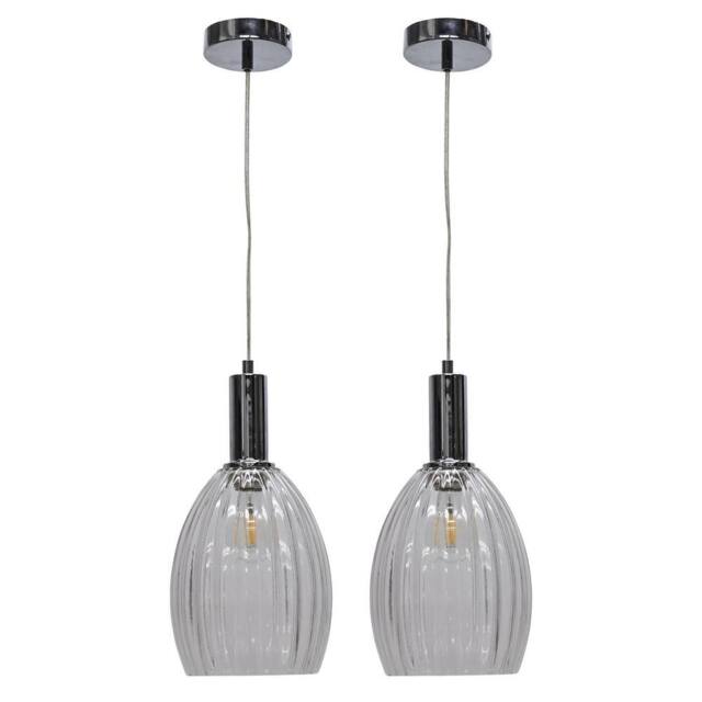 First Choice Lighting Set of 2 Birch - Clear Fluted Glass Chrome Deco Pendant Fittings - image 1