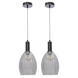 First Choice Lighting Set of 2 Birch - Clear Fluted Glass Chrome Deco Pendant Fittings - thumbnail 1