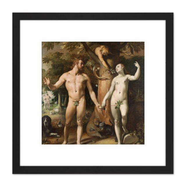 Artery8 Van Haarlem The Fall Of Man Adam Eve Painting 8X8 Inch Square Wooden Framed Wall Art Print Picture with Mount in Black - image 1