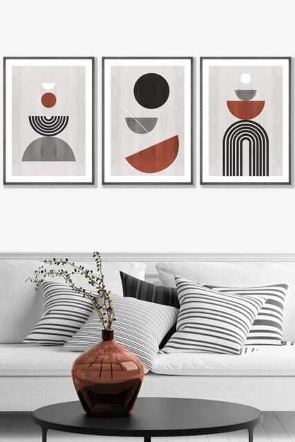 ARTZE Set of 3 Dark Grey Framed Black Grey Terracotta Abstract Mid Century Geometric Wall Art - Size: W53 cm x H73 cm x D20mm - image 1