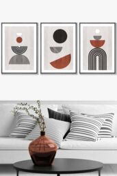 ARTZE Set of 3 Dark Grey Framed Black Grey Terracotta Abstract Mid Century Geometric Wall Art - Size: W53 cm x H73 cm x D20mm - thumbnail 1