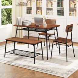 Gymax 4PCS Dining Table Set Kitchen Table With Bench 2 Chairs Storage Rack in Brown - Size: 4 Pack - thumbnail 8